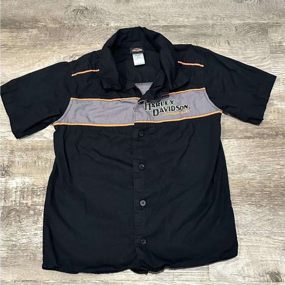 Harley Davidson Kids Button Up Black Short Sleeve Workwear Sz 8/10
